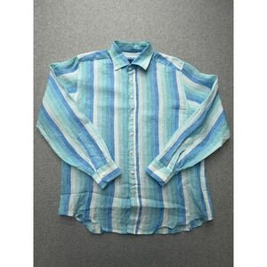 DA-MO Shirt Mens Large Blue Stripe 100% Linen Long Sleeve Button Casual Summer